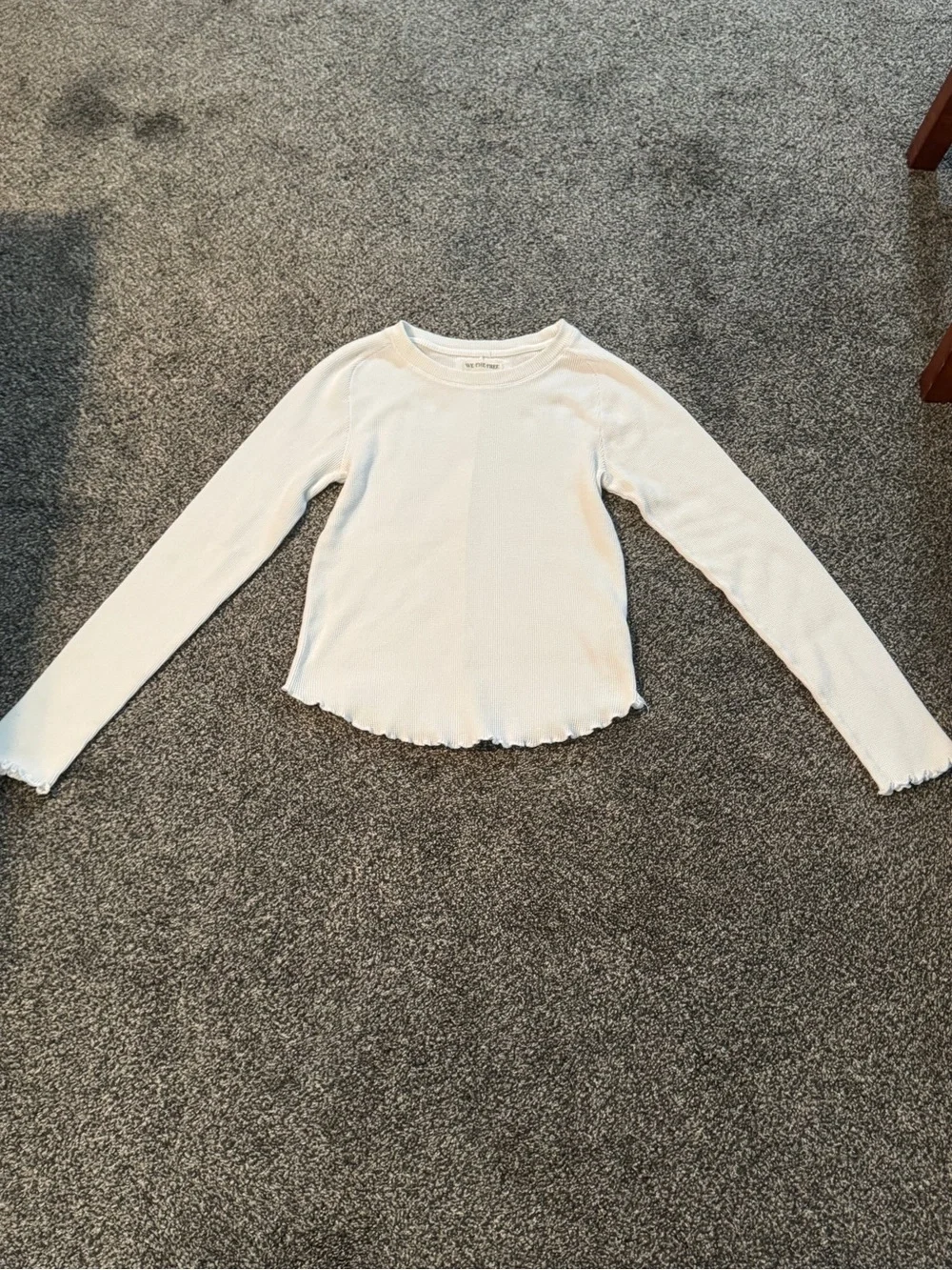 We The Free White Ribbed Long Sleeve Lettuce Hem Top
